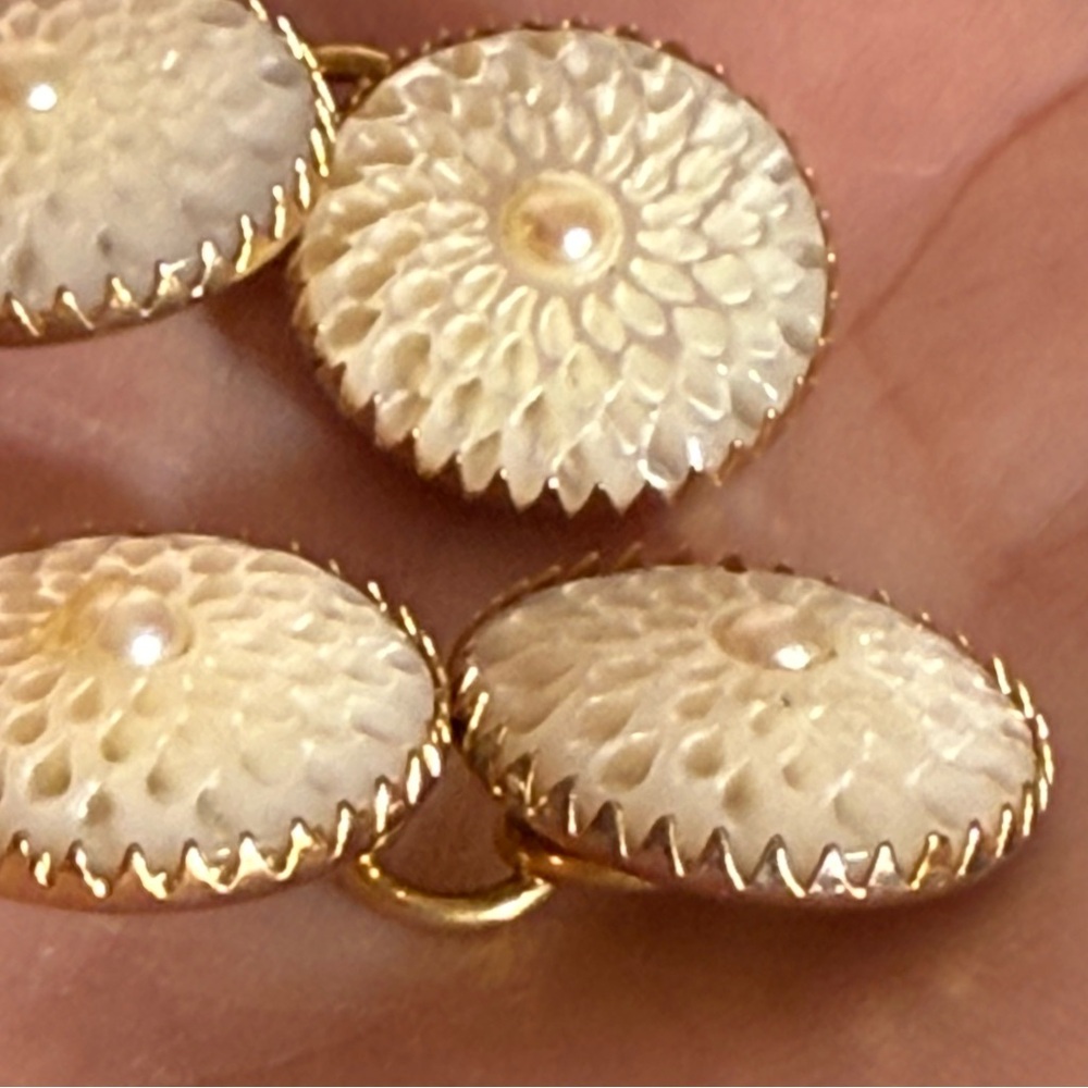 Vintage 1980 90 Retro Carved Floral White MOP Pearl Cufflinks